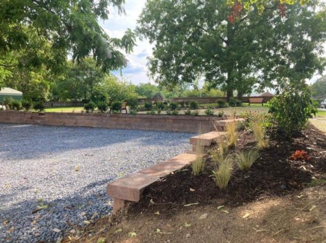 Retaining walls, plantings, benches